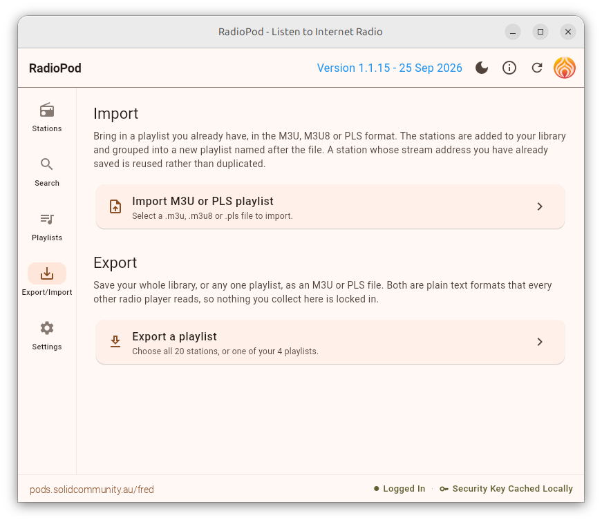 The Export and Import
screen